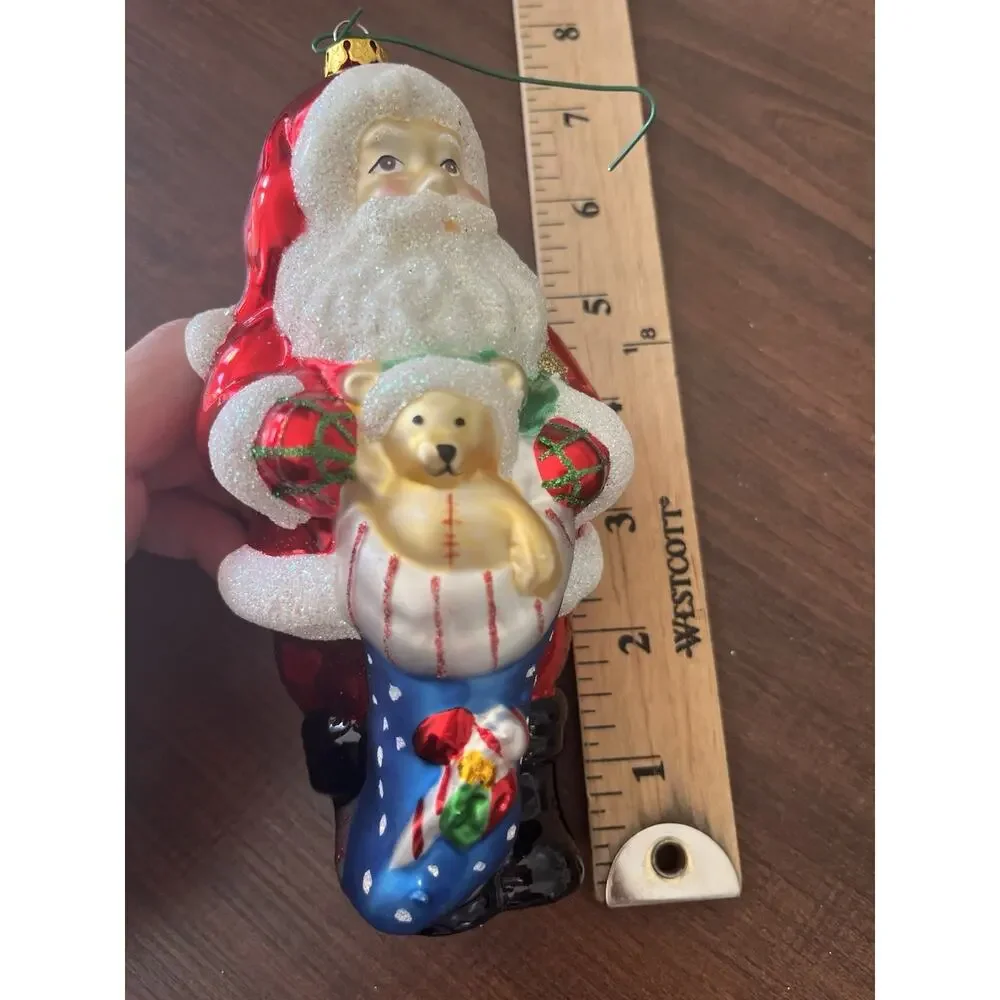Vintage Glass Christmas Ornament Santa With Stocking EUC Hand Painted